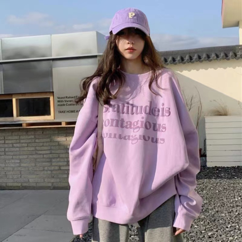 Official picture of composite plus velvet Korean style letter pullover sweatshirt for women, loose and versatile round neck top as bottoming ins trend