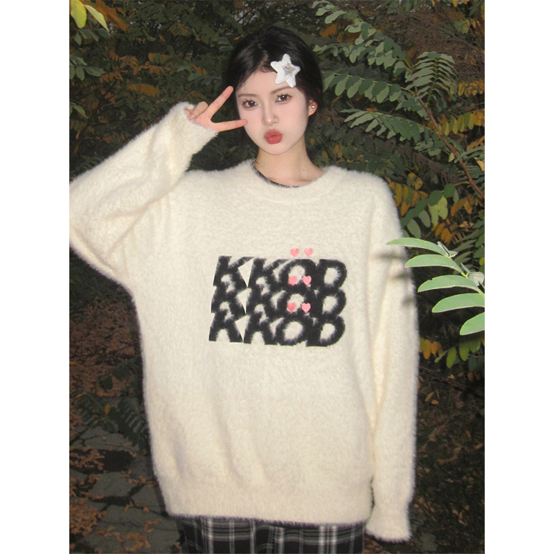 Mohair sweater women's autumn and winter love letters embroidered loose long-sleeved sweater lazy style breast top trendy