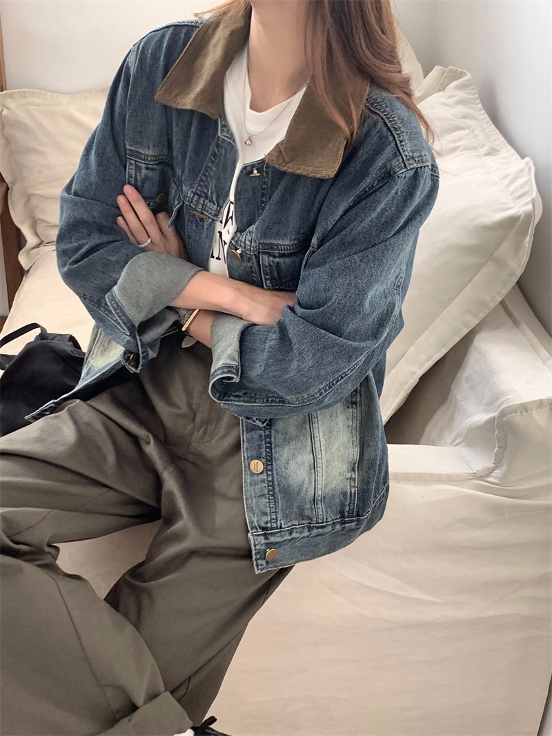 韓國ins風拼接寬鬆洗水百搭秋裝牛仔外套女