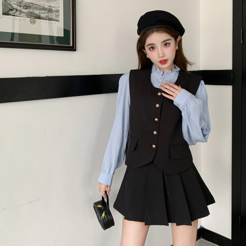 新款韩版宽松背心马甲泡泡袖衬衫高腰百褶半身裙三件套