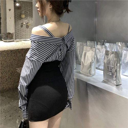 One-shoulder shirt dress women's early autumn design niche  new hot girl sexy hip-covering short skirt