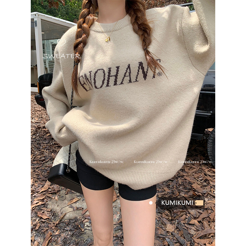 kumikumi lazy style soft waxy letter sweater women's autumn loose pullover sweater long-sleeved couple top