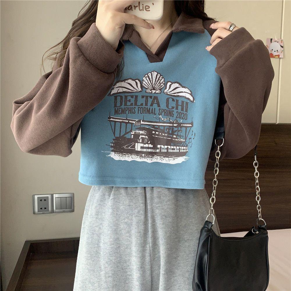 Korean style short polo collar sweatshirt women's clothes new loose thin long-sleeved tops for small women imitation mercerized cotton