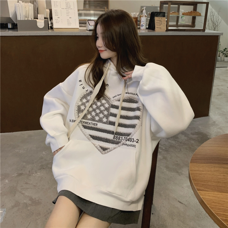 !  Retro love printed loose hooded velvet long-sleeved sweatshirt for women autumn and winter loose casual top