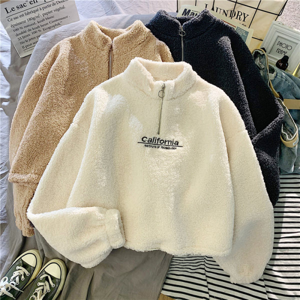 Sweet Cool Style Lamb Plush Sweater Women's 2023 New Korean Style Loose Long Hooded Jacket Thick Autumn and Winter Style
