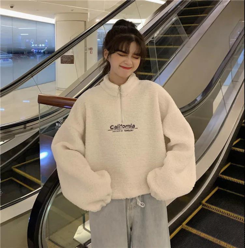 Sweet Cool Style Lamb Plush Sweater Women's 2023 New Korean Style Loose Long Hooded Jacket Thick Autumn and Winter Style