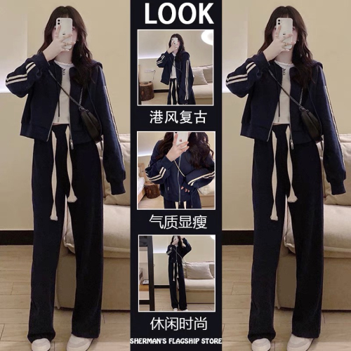 Spring and Autumn New Style Internet Celebrity Small Paired with High-Sporty Wide-Leg Pants Two-piece Suit for Women