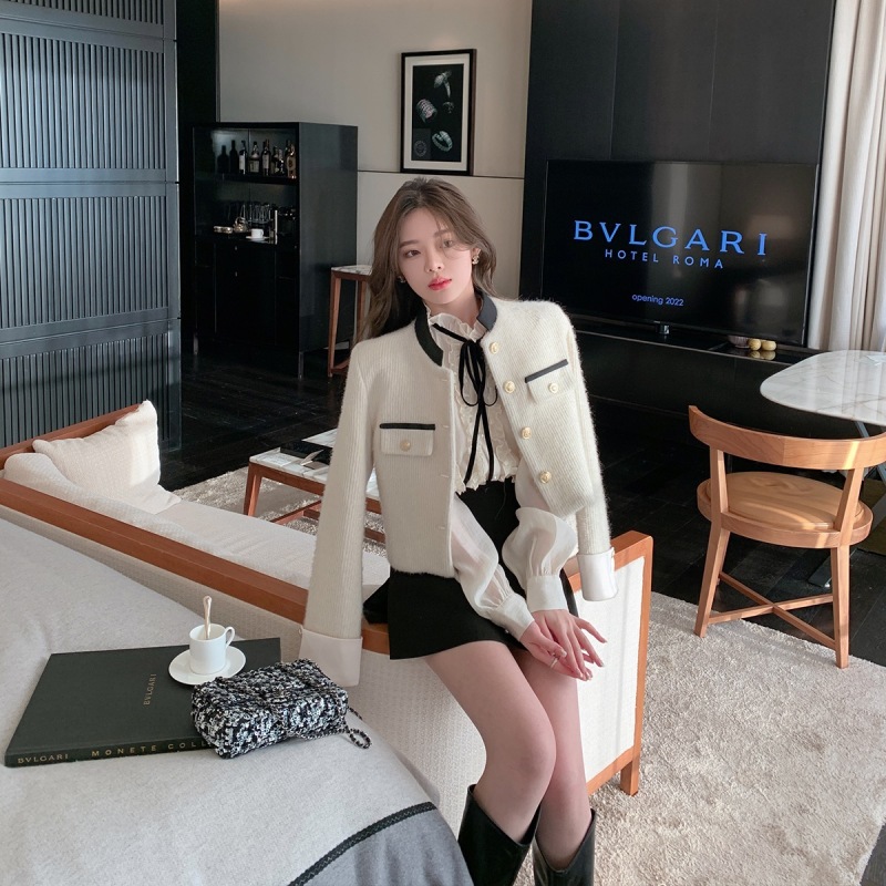 French white fungus-edged bow-knot stand-collar chiffon shirt for women in spring and autumn with bottoming long-sleeved top