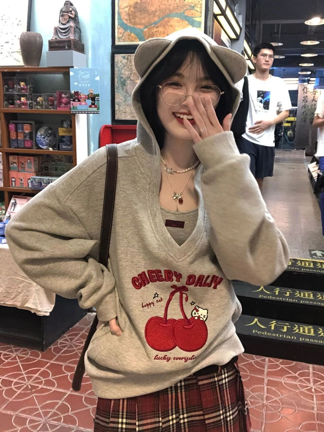 Original embroidery two-piece waffle composite 350g sweet retro hooded sweatshirt for women