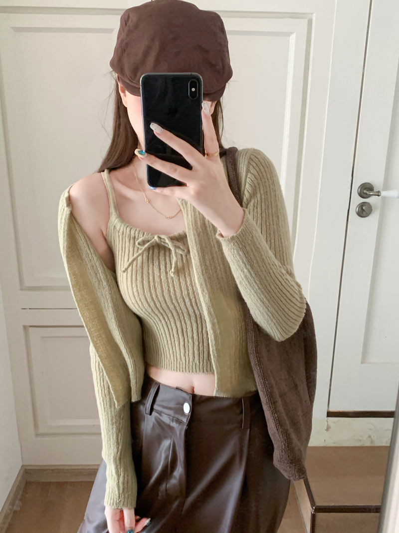 Drawstring halter camisole women's suit + short long-sleeved knitted cardigan top two-piece set