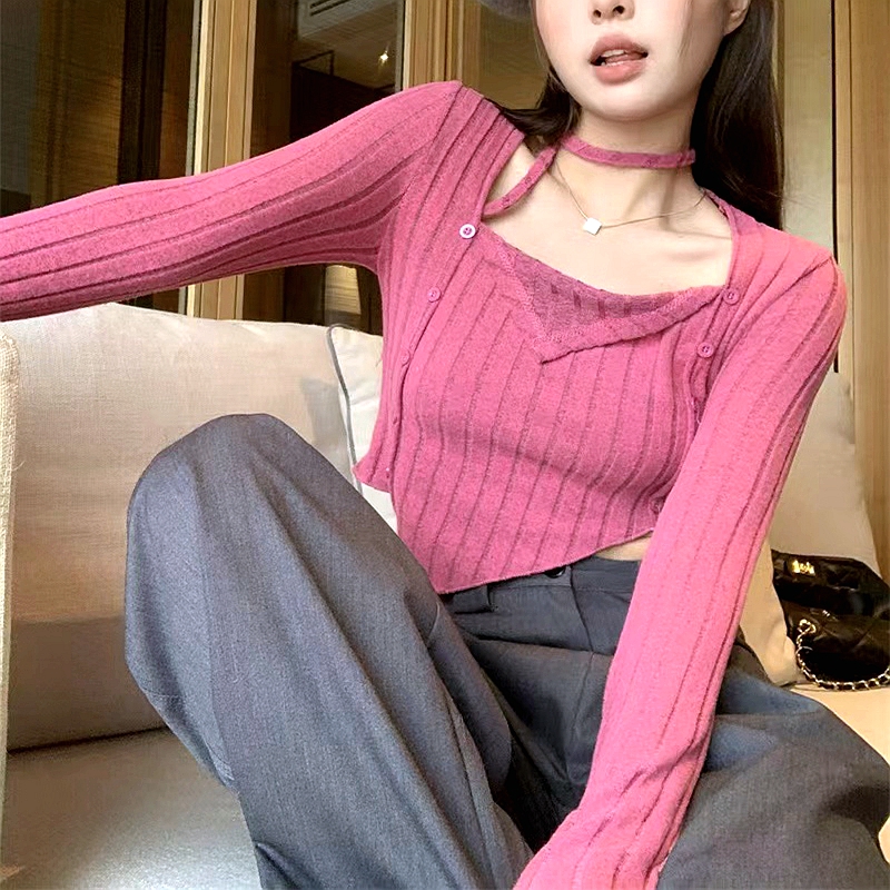 Pure desire style halterneck irregular knitted sweater for women 2023 new design niche short style top clothes
