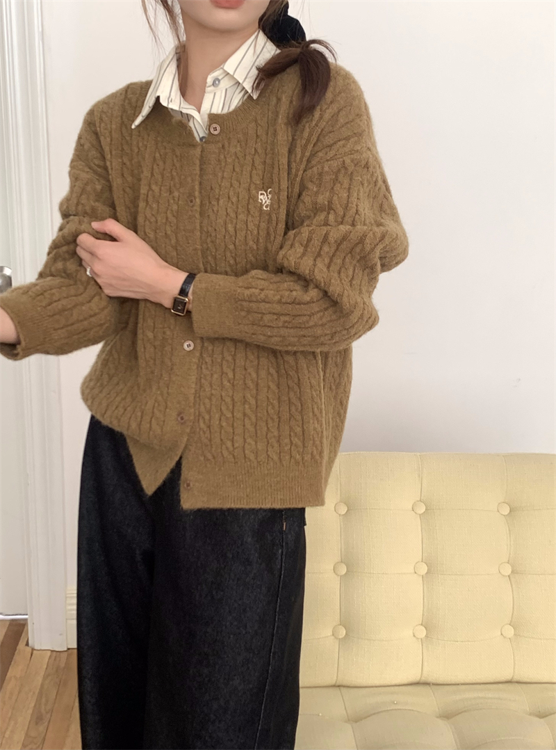 秋冬ins風溫柔暖色綿軟麻花圓領毛衣開衫外套