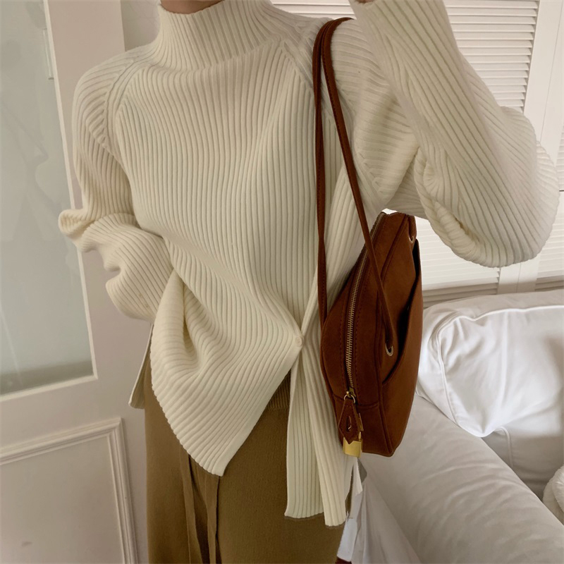 Autumn and winter temperament sweater female students knitted bottoming shirt new design niche slit half turtleneck slimming top