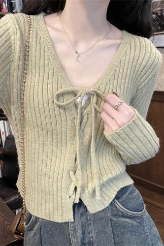 Korean gentle lace-up V-neck pitted sweater for women in autumn slimming long-sleeved top