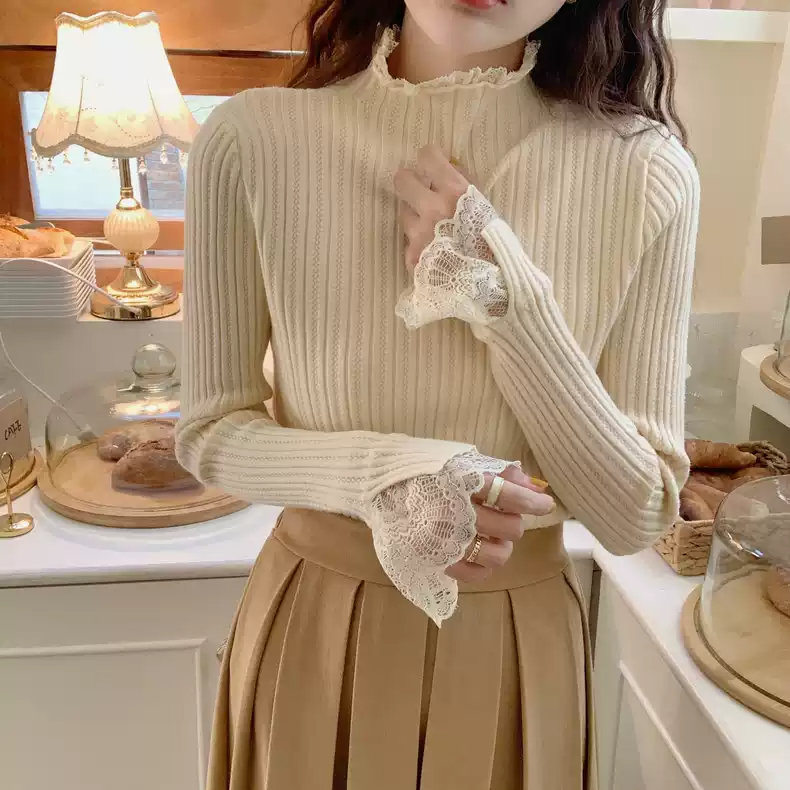 Lace splicing half turtleneck bottoming sweater for women 2023 autumn and winter thickened slim fit inner knitted top