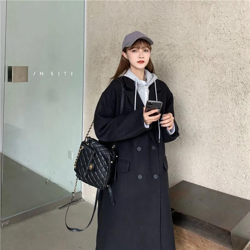 Fake two-piece woolen coat 2023 winter Korean style loose mid-length spliced ​​hooded thickened woolen coat for women