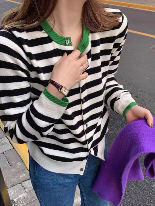 2023新款100%純山羊絨開衫女圓領條紋寬鬆百搭羊毛針織打底衫外套