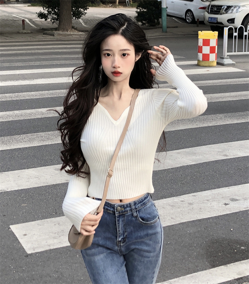 Versatile temperament sweater women's autumn and winter top 2023 design niche short style slim V-neck bottoming shirt