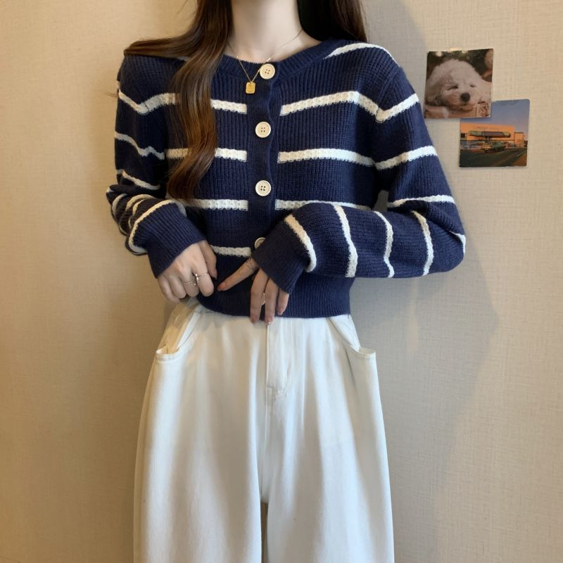 2023 Korean style knitted cardigan for women 2023 autumn and winter new style gentle temperament striped versatile sweater tops and jackets trendy