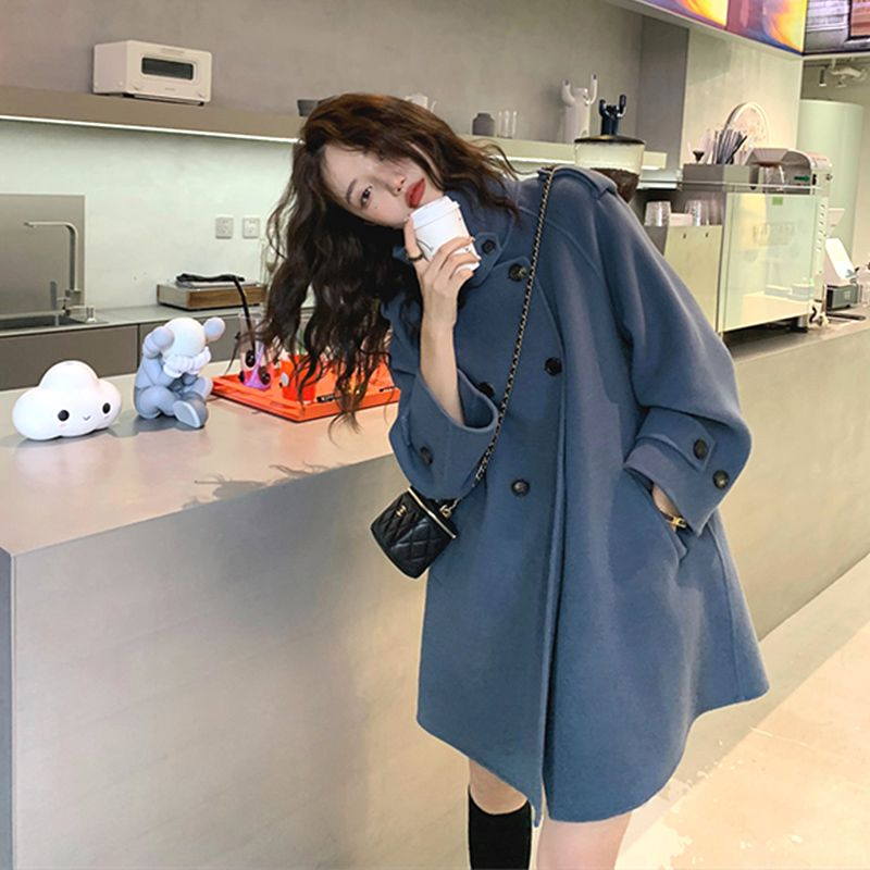 Blue cape coat women's woolen winter 2023 small Hepburn style Korean style thickened double-sided cashmere coat