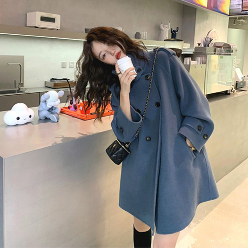 Blue cape coat women's woolen winter  small Hepburn style Korean style thickened double-sided cashmere coat