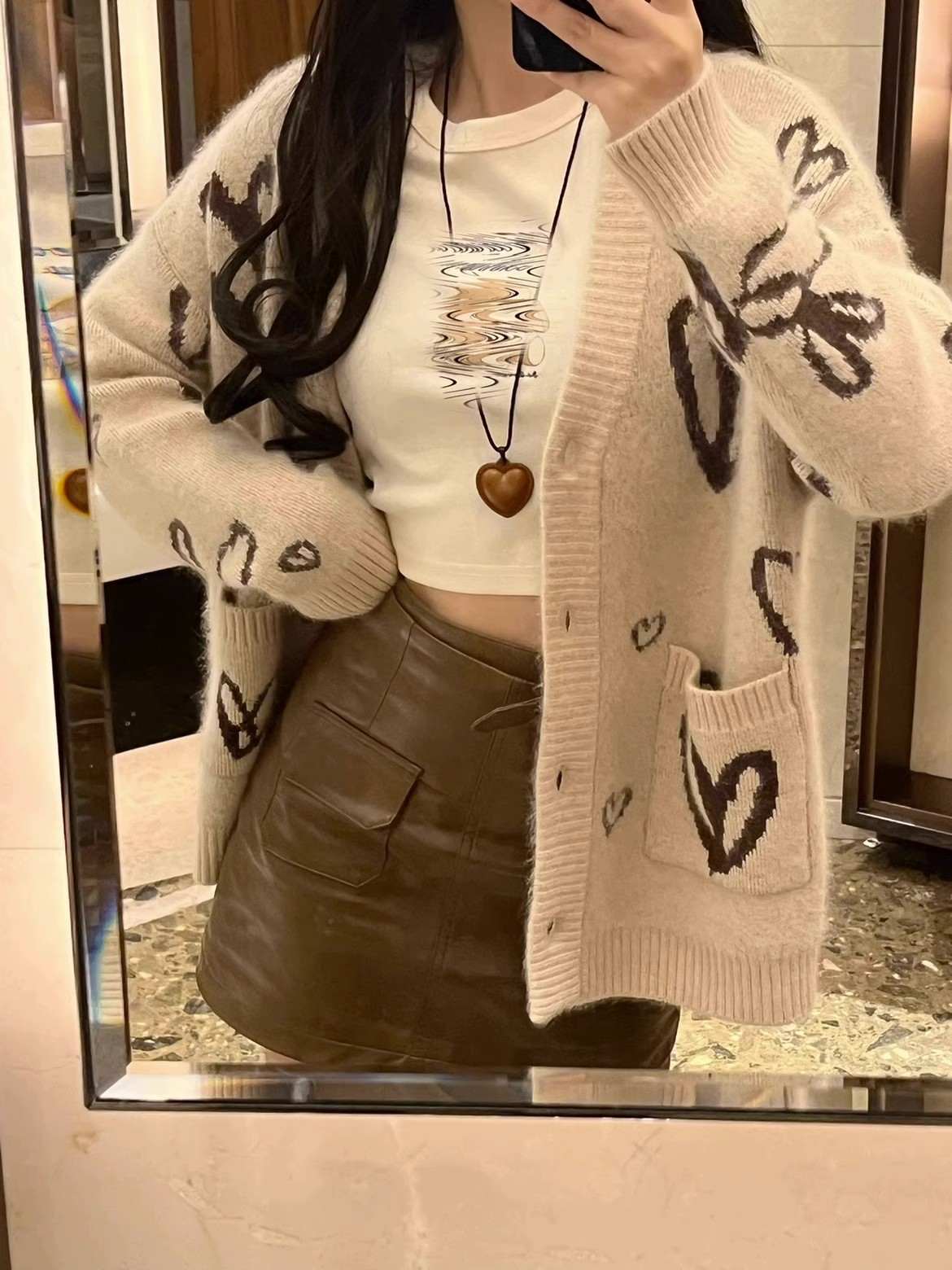Lazy style love jacquard sweater jacket for women autumn and winter 2023 new sweet loose v-neck outer knitted cardigan