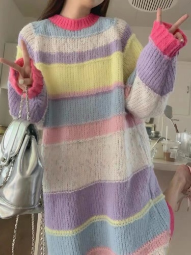 Korean version of contrasting striped pullover sweater dress for women, loose and lazy long-sleeved knitted dress for women in autumn