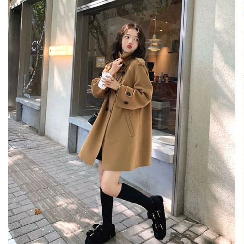 Blue cape coat women's woolen winter  small Hepburn style Korean style thickened double-sided cashmere coat