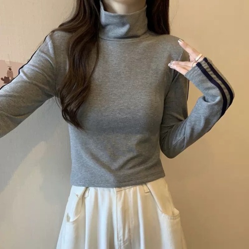 Double-sided velvet fabric high collar slim long-sleeved T-shirt for women new style