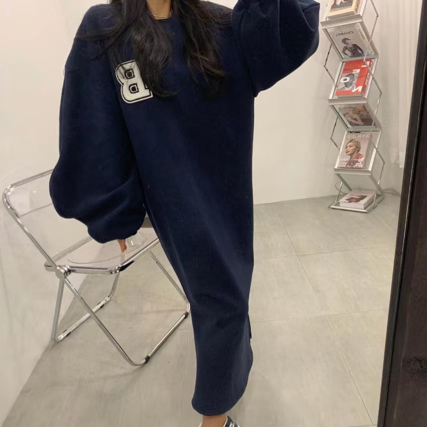 Korean stand-up collar sweatshirt dress for women in autumn and winter new style plus velvet letter embroidery loose lantern sleeve mid-length dress trendy