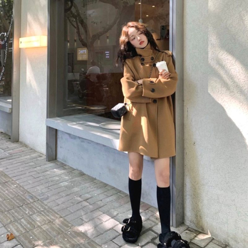 Blue cape coat women's woolen winter  small Hepburn style Korean style thickened double-sided cashmere coat