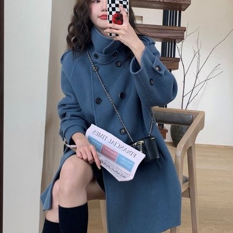 Blue cape coat women's woolen winter  small Hepburn style Korean style thickened double-sided cashmere coat