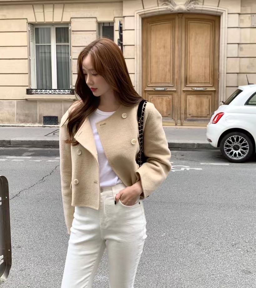 Korean chic autumn and winter French style round neck long-sleeved woolen coat for women loose and gentle short cardigan