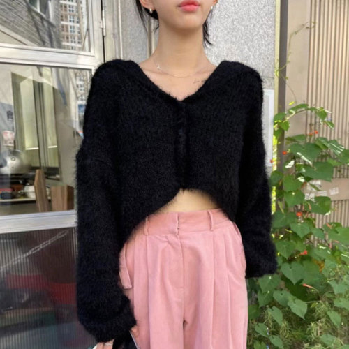 Korean chic autumn and winter gentle temperament navy collar single-breasted soft mink velvet knitted cardigan sweater jacket for women