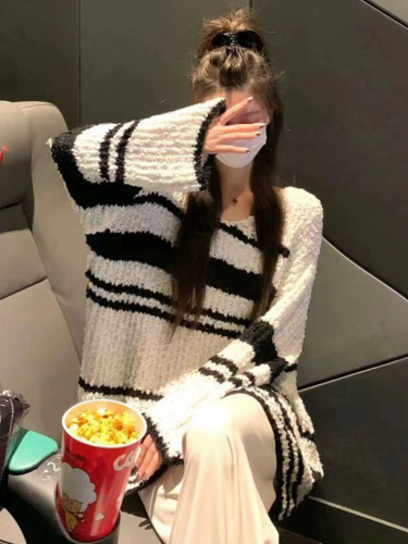  Autumn and Winter New Korean Style Niche Lazy Style Striped Sweater Women's Loose Color Block Design Knitted Sweater Jacket