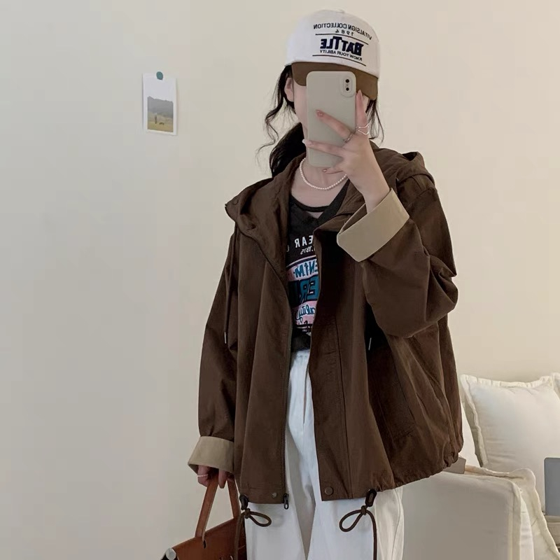 Korean style loose silhouette design hooded workwear windbreaker for women Dongdaemun lazy style short coat jacket top