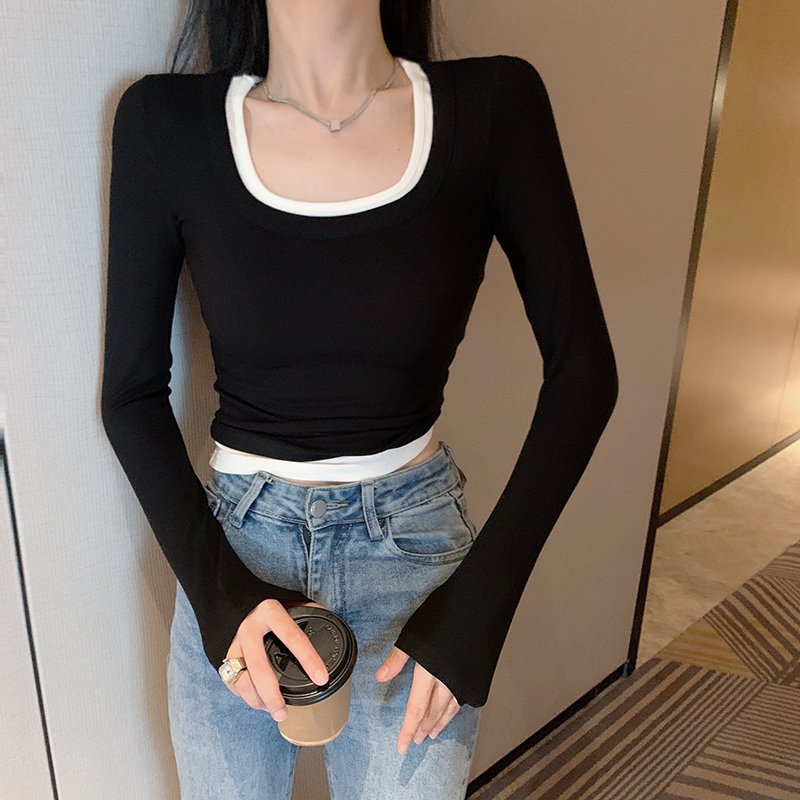 方領假兩件套設計感小眾修身短款疊穿上衣
