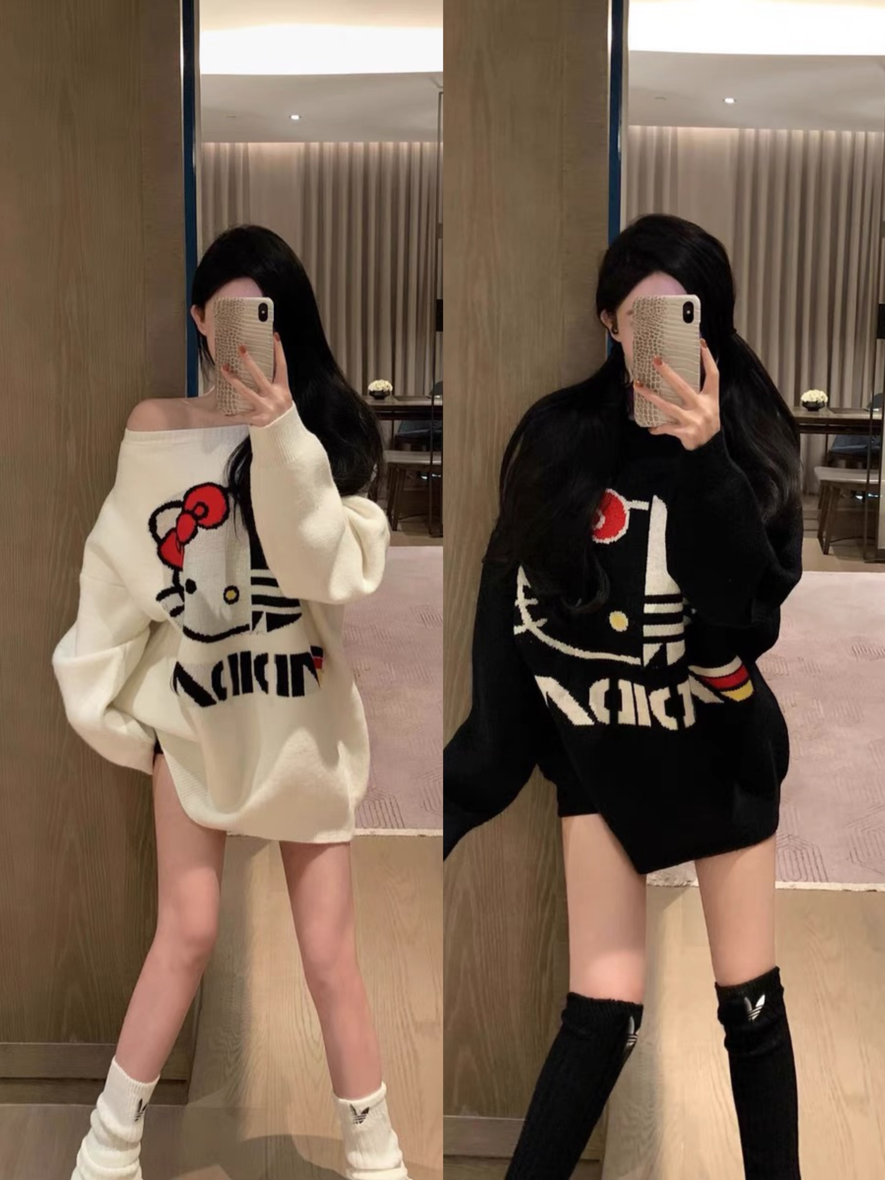 日系惡搞kitty貓咪毛衣女秋冬韓版寬鬆慵懶風卡通蓋臀針織衫上衣