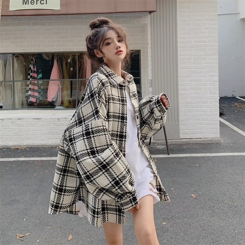 格子襯衫外套女oversize加厚外穿上衣寬鬆慵懶風中長款襯衣