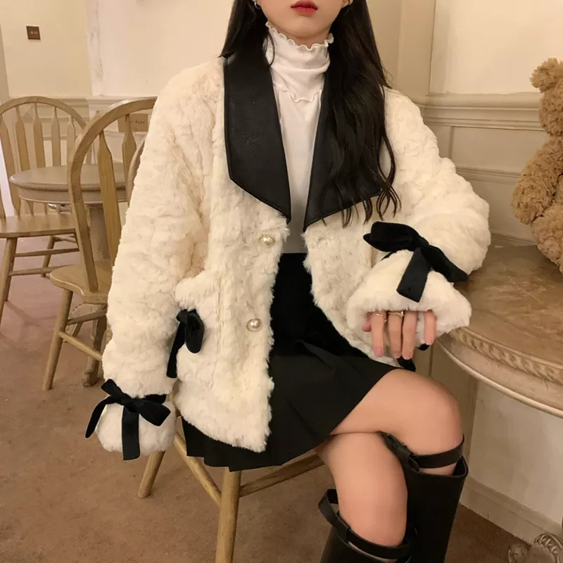 好質量有內里短款羊羔絨蝴蝶結棉衣夾棉毛絨絨棉服外套女皮草大衣