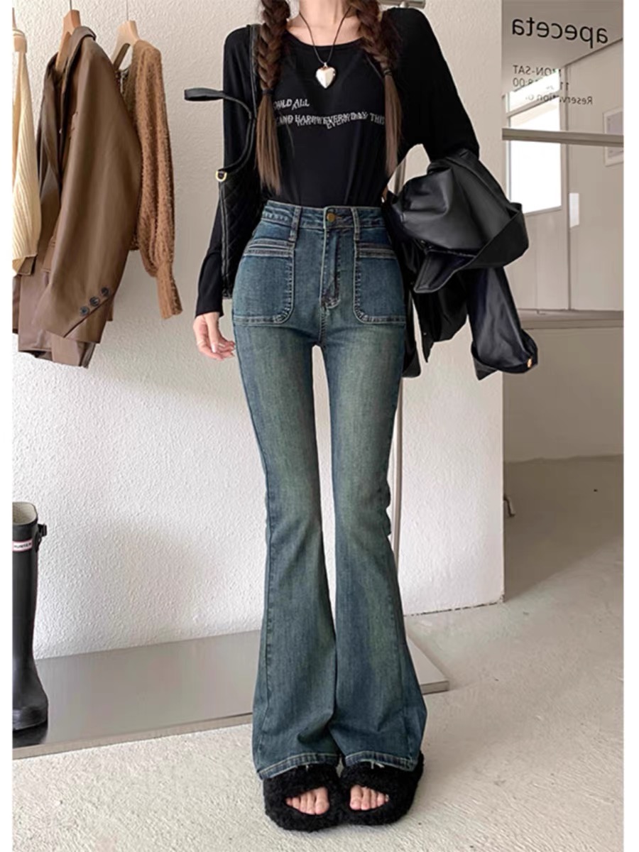 彈力喇叭牛仔褲女秋季韓版2023新款辣妹高腰顯瘦時尚設計感長褲子