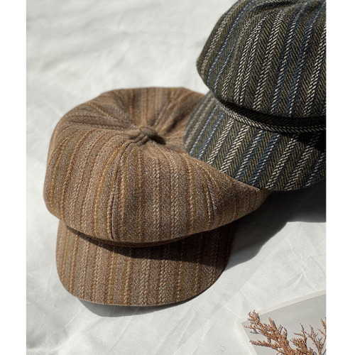 ~ Autumn new style striped face small peaked cap British style retro beret