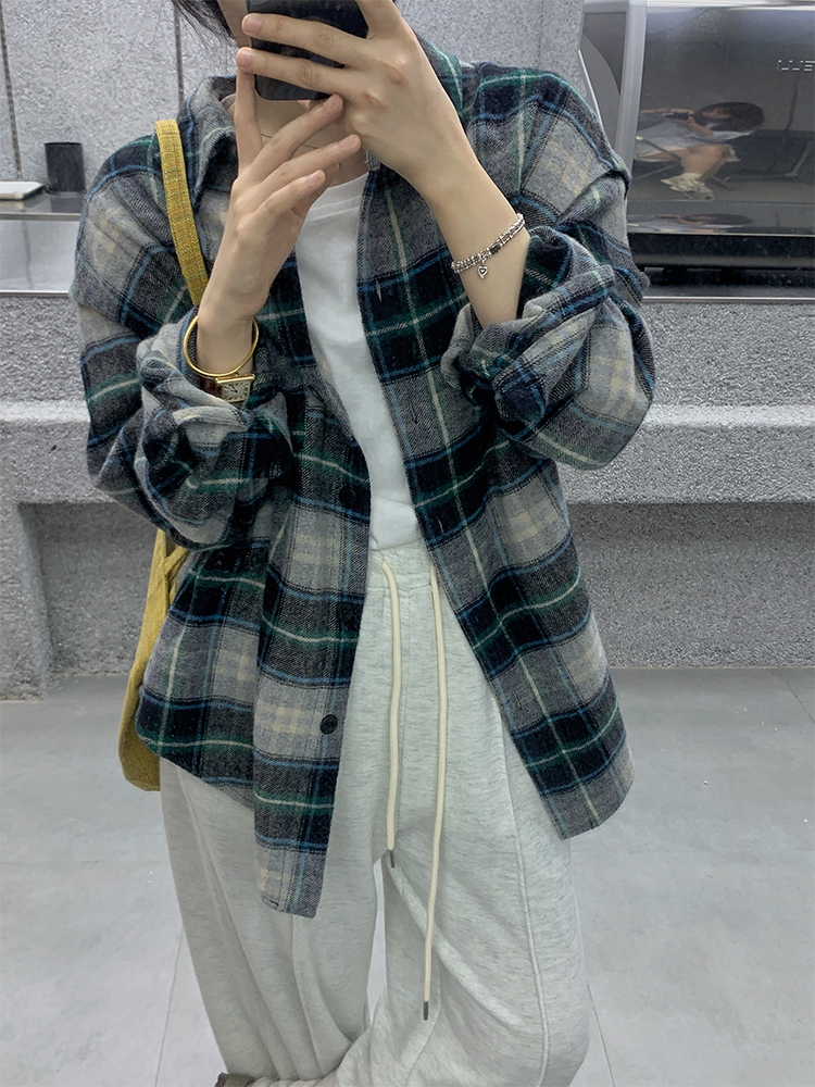 一三良品小個子 品質感！法式復古寬鬆羊毛格紋襯衫外套女襯衣秋