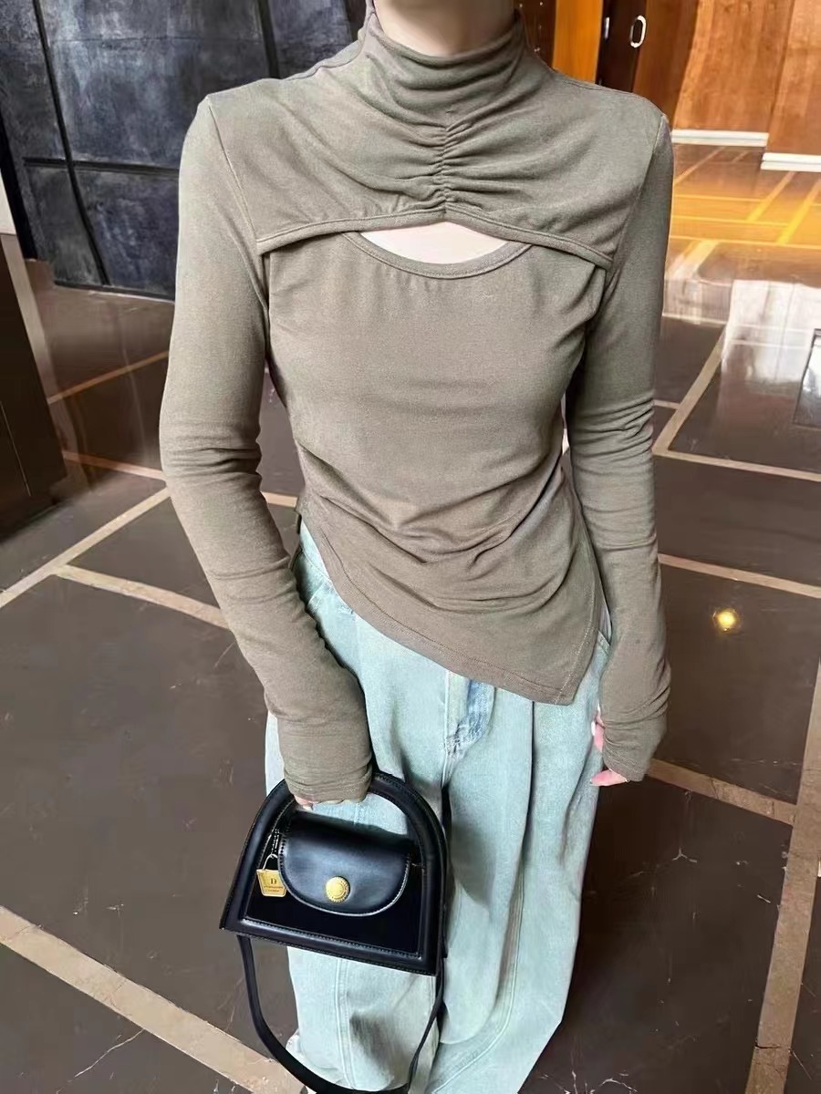 設計感半高領長袖修身不規則上衣小眾2023甜酷辣妹風百搭打底衫女