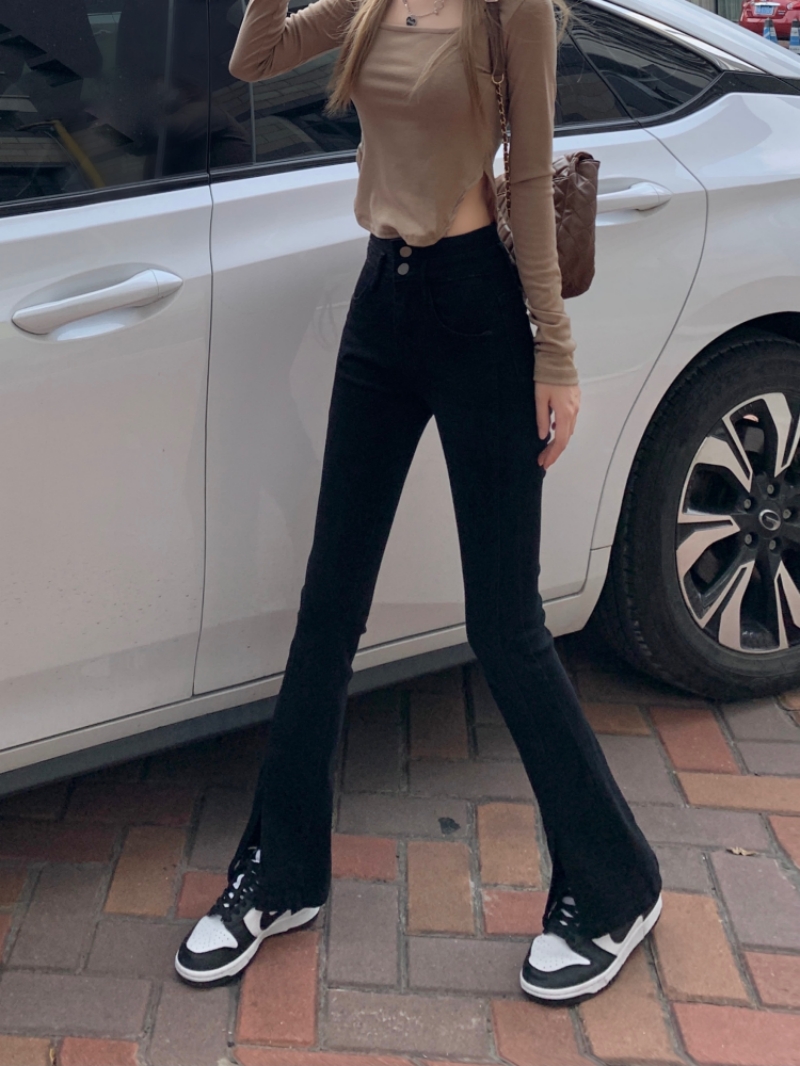秋季彈力高腰開衩修身顯瘦微喇百搭長牛仔褲女