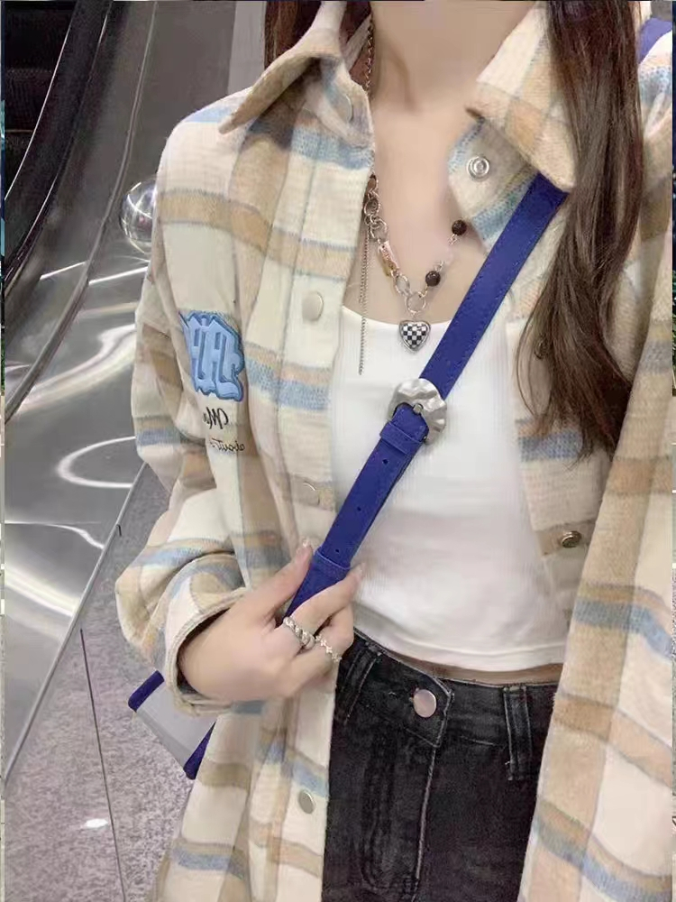 格子襯衫上衣女2023秋季新款學院風法式設計感小眾寬鬆襯衣外套