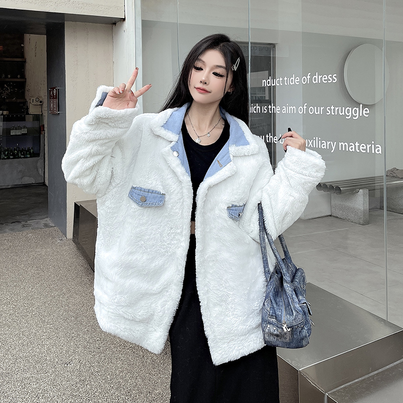 ！兩面穿牛仔外套女冬季韓版bf寬鬆加絨加厚棉服派克大衣