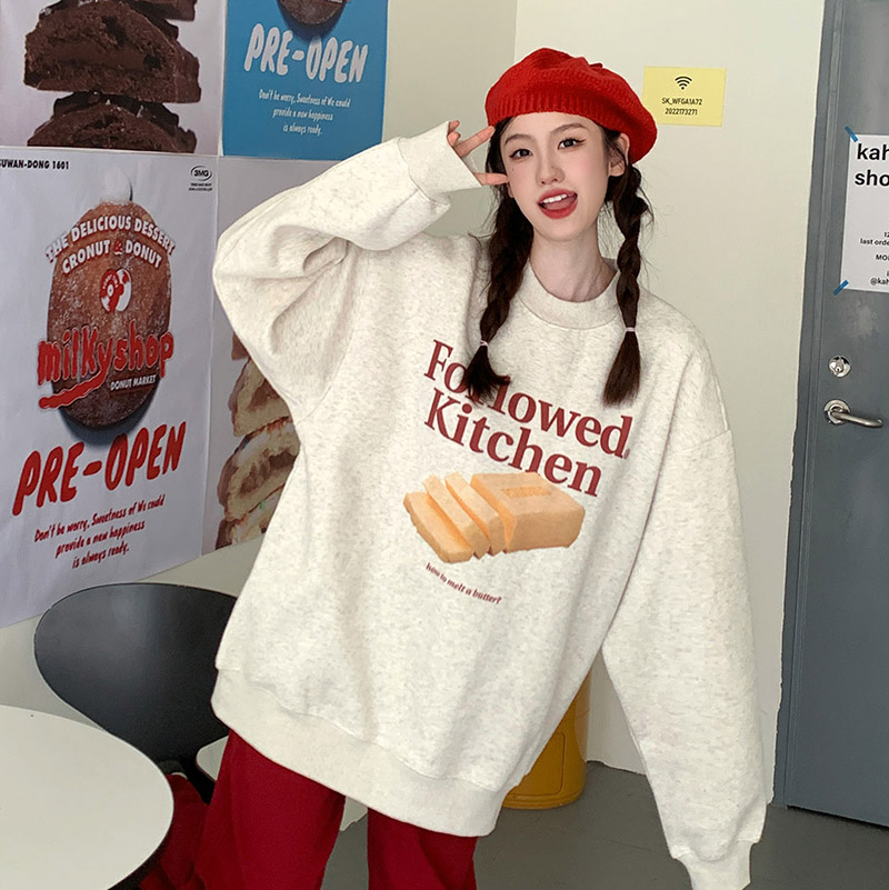 American retro sweatshirt, cute and sweet butter print pattern, autumn and winter new style, velvet round neck, BM style