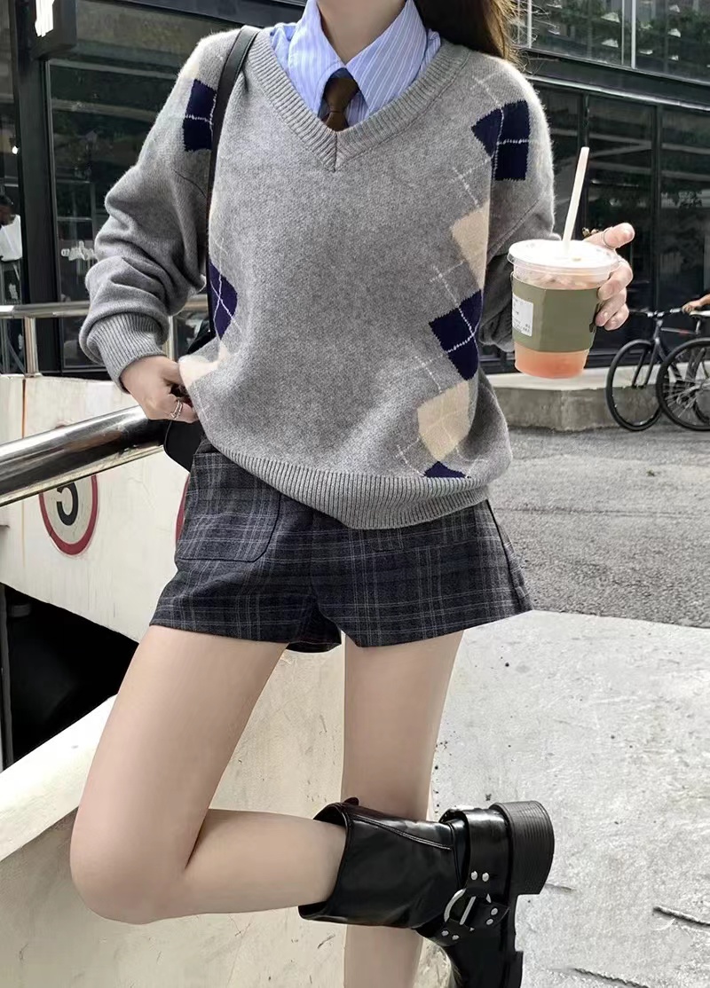 秋冬新款韓系菱格V領毛衣慵懶女寬鬆綿羊絨復古學院風套頭針織衫