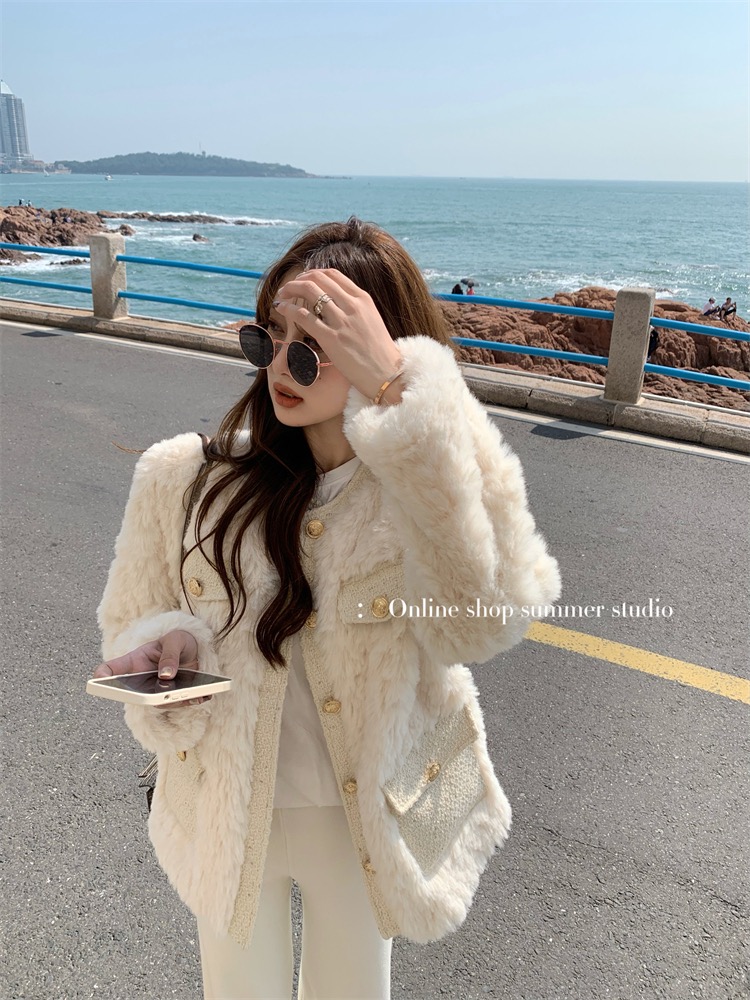 天貓質量 新款秋冬季小香風杏色羊羔毛絨外套女